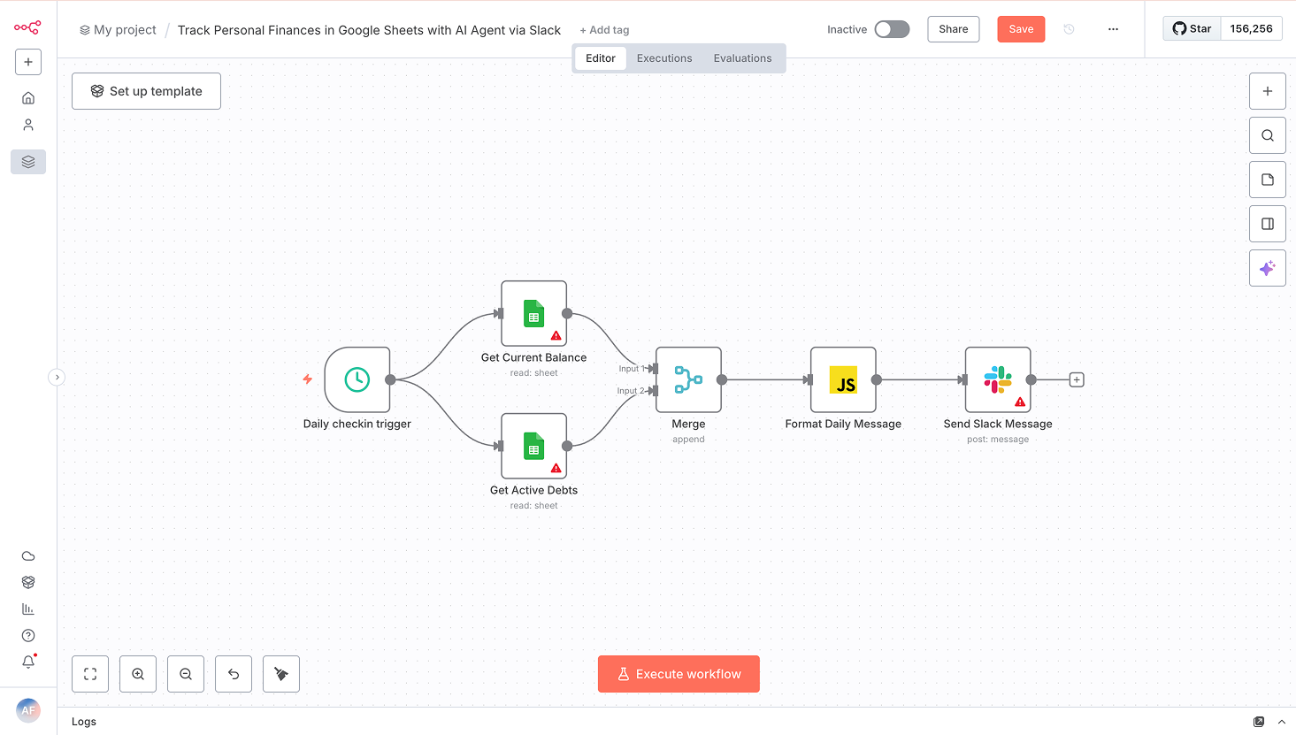 n8n workflow editor with Google Sheets, Merge, JavaScript and Slack nodes